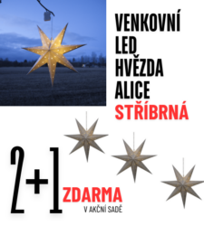 Akční sada hvězda Alice 3 ks, venkovní - Akn sada 3 ks
Hvzdn lampa ve tvaru hvzdy vyrobena z plastu. Prmr hvzdy 60 cm. Zvs vybaven LED diodami s napjecm boxem napjenm 3 bateriemi AAA. Vestavn ASOVA. Pizpsobeno vnjm podmnkm: IP44.