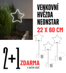 Akční sada venkovní dekorace hvězda Neonstar 22 cm x 60 cm, 3 ks - Akn sada 3 kusy
Hvzda je vyrobena v technologii NEON LED. Vhodou tto technologie je, e LED diody jsou neviditeln a svtlo je rovnomrn rozloeno. Baterie napjen dekorace s funkc asovae. Pizpsobeno vnjm podmnkm: IP44.